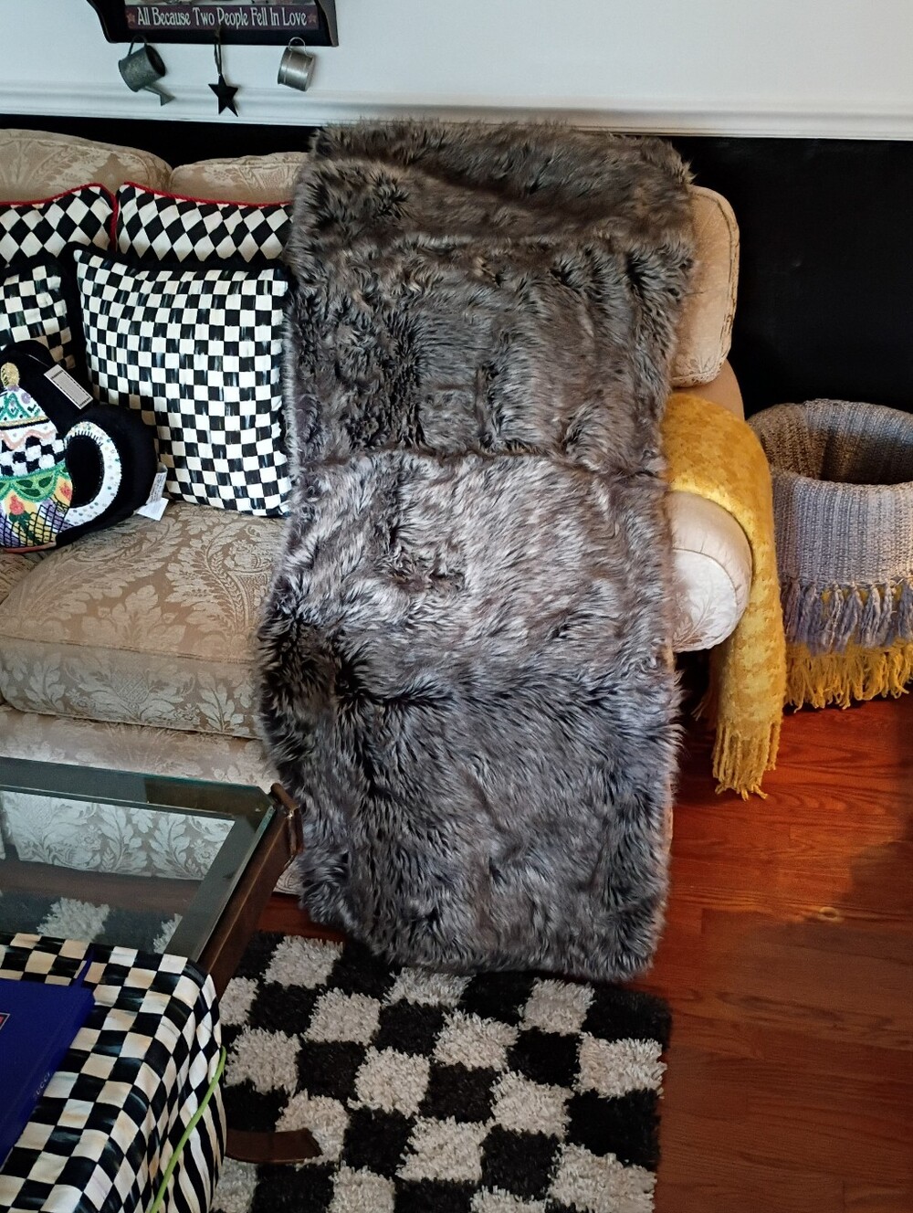 Arhaus Black And White Checkered Faux Fur Throw 62"X50"